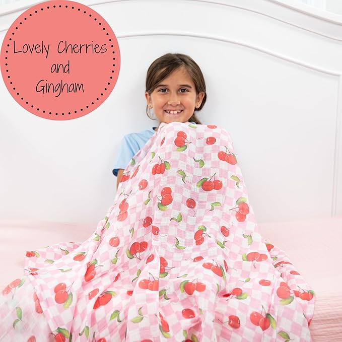 LollyBanks 100% Cotton Baby Swaddle Blanket for Baby Girls, Gentle and Soft Muslin Swaddle, Lightweight 47 x 47 Inches Swaddling Blankets for Newborn, Baby Girl Newborn Essentials (Cherry Print)