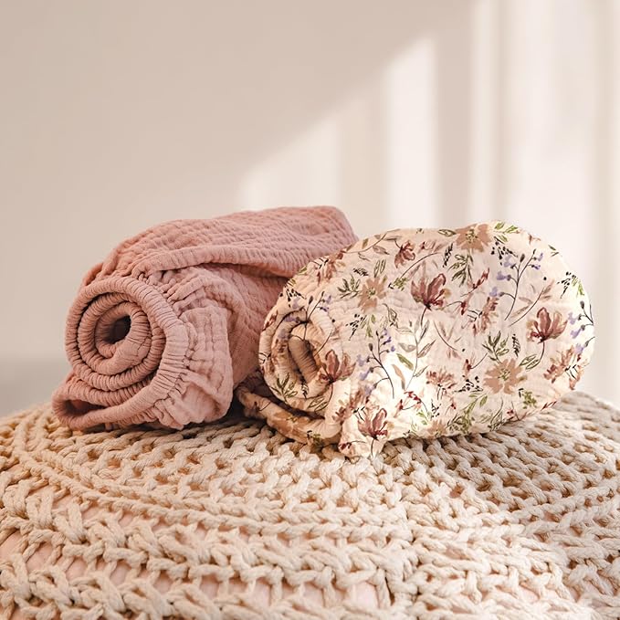 lulumoon Muslin Changing Pad Cover: 2-Pack Soft Breathable Cotton Boho Floral Print for Baby Girls - Nursery & Baby Shower