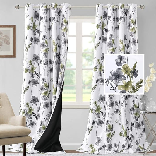 H.VERSAILTEX 100% Blackout Curtains 108 inch Length 2 Panels Set Cattleya Floral Printed Drapes Leah Floral Thermal Curtains for Bedroom with Black Liner Sound Proof Curtains, Grey and Olive
