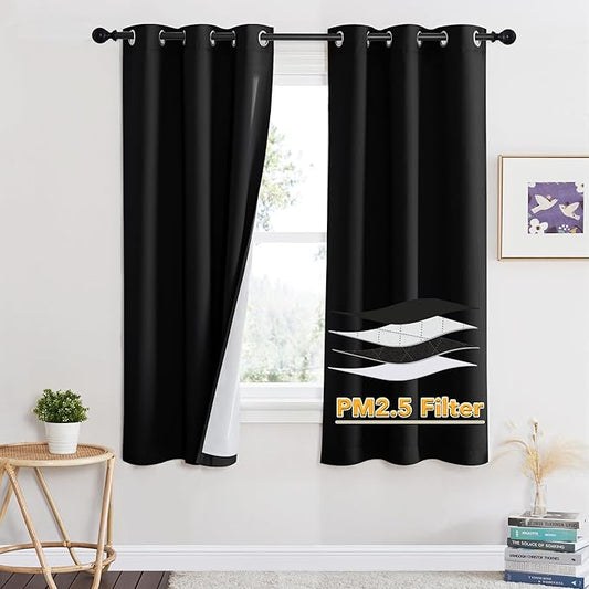RYB HOME Soundproof Curtains for Bedroom, PM2.5 Particle Filter 100% Blackout Energy Saving Small Window Curtains for Baby Nursery Living Room Home Office, Black, W 42 x L 63 inches, 2 Pcs