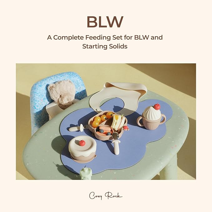 COZY ROCK Silicone Baby Feeding Set, Gelato Collection Baby Led Weaning Supplies, First Self-Feeding Set with Silicone Suction Bowl & Plate, Straw Cup & Bib, Fork & Spoon