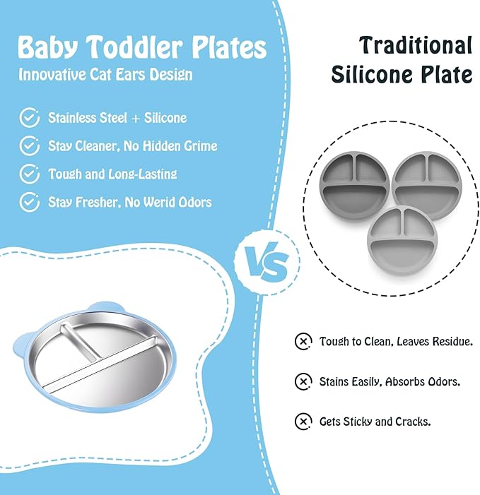Thrseely 4 Pack Stainless Steel Toddler Plates with Suction - 9" Kids Divided Plates Removable Silicone Sleeves for Baby Led Weaning, Bear Ear Design Non Slip BPA-Free Dishwasher Safe