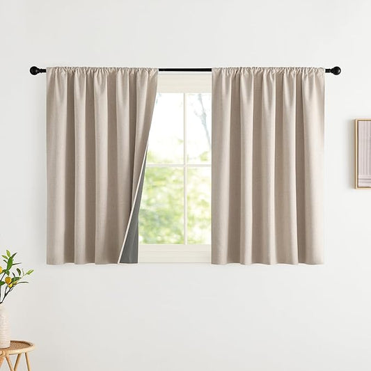 NICETOWN Linen 100% Blackout Short Curtains, 2 Panels Set, 42 x 36 Inch, Rod Pocket Thermal Insulated Curtains for Cafe Bar, Kitchen, Modern Farmhouse Decor, Natural, Flax Texture