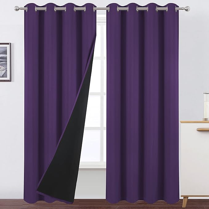LEMOMO 100% Blackout Purple Curtains with Black Lining/52 x 84 Inch/Set of 2 Panels Thermal Insulated Room Darkening Curtains for Bedroom