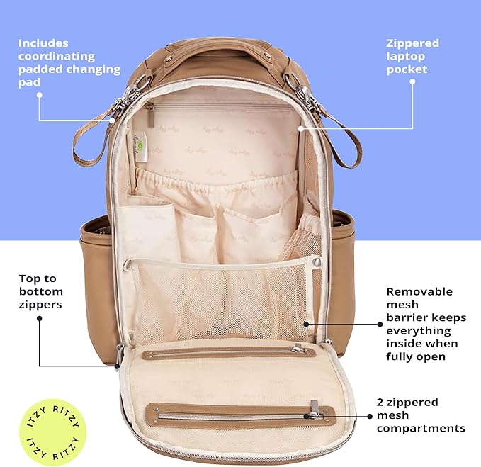 Itzy Ritzy Diaper Bag Backpack – Large Capacity Boss Plus Baby Backpack Diaper Bag Featuring 19 Pockets, Changing Pad, Stroller Clips, and Comfortable Straps (Chai)