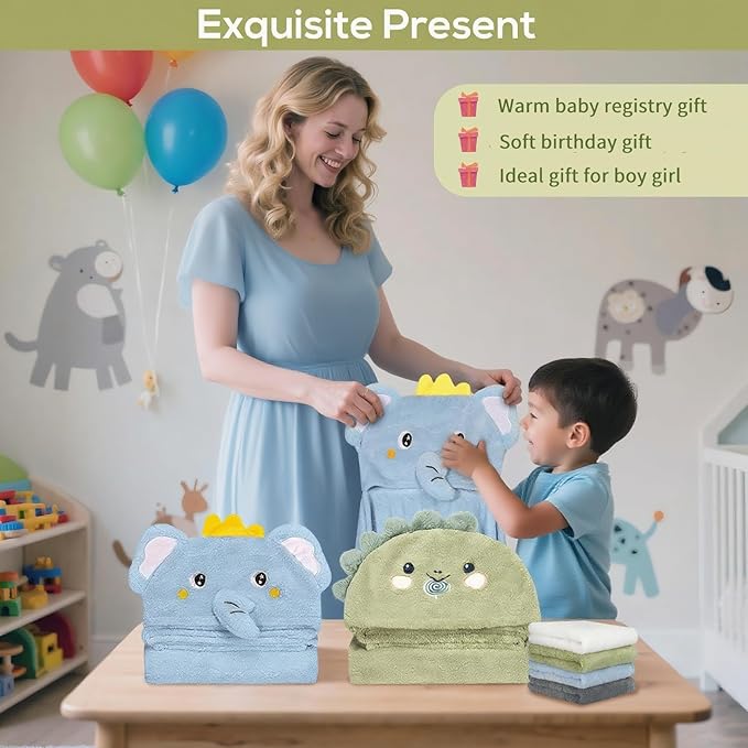 6 PCS Toddler Bath Towel Set for Boy Girl 0-5 Year, 2 PCS Thick Absorbent Hooded Baby Bath Towels Large 55" x 27.5" & 4 PCS Washcloths, Ultra Soft Gift for Infant, Toddler, Kids, Dinosaur & Elephant