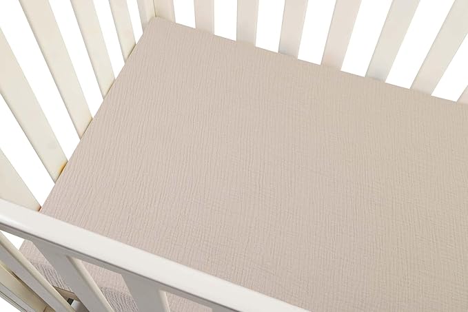 Onacosht Muslin Mini Crib Sheets, 39" x 27" Pack and Play Mattress Sheets Fitted for Pack N Play, Soft Cotton for Boys Girls, 2 Pack, Beige and Fog