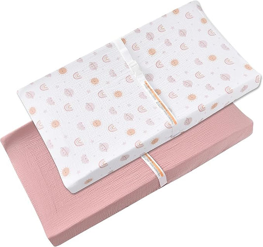 Changing Pad Cover for Baby Girls Boys - 100% Organic Cotton Muslin Changing Pad Sheets with Secure 360° Elastic Fit, Ultra-Soft for Delicate Skin, 2 Pack