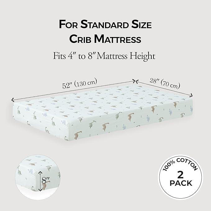 Dreamology Cotton Crib Sheets for Boys and Girls | Super Soft, Breathable 1-Pack | 100% Cotton Muslin Crib Sheets Fitted for Standard Cribs and Toddler Beds 28x52 Crib Sheet | Dino