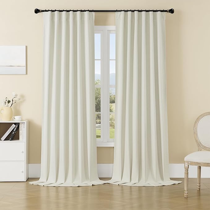DUALIFE Natural Birch Curtains 96 Inch Length-Back Tab Pocket Pleated Room Darkening Curtains for Bedroom Dining Room,Patio Sliding Glass Door Curtain Living Room Drapes(84W x 96L, 2 Panels)