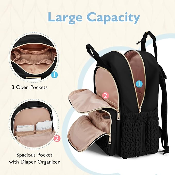 mommore Diaper Bag Backpack, Stylish Travel Baby Bag with Insulated Pockets, Changing Pad and Stroller Straps for Toddler (L-Black, Large-27L)