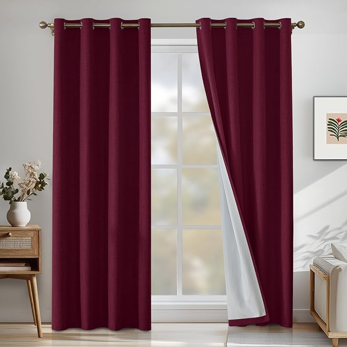 Linen 100% Blackout Curtains for Bedroom, Black Out Curtains 45 Inch Long, Room Darkening Curtains for Living Room, Long Curtain Grommets Drapes, Thermal Curtains(2 Panels, Burgundy)