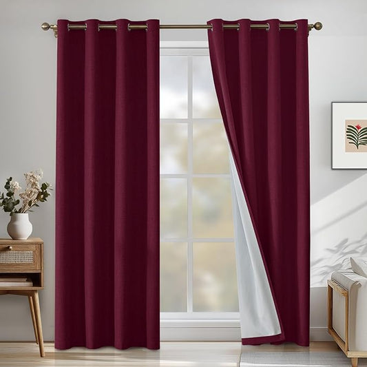 Linen 100% Blackout Curtains for Bedroom, Black Out Curtains 45 Inch Long, Room Darkening Curtains for Living Room, Long Curtain Grommets Drapes, Thermal Curtains(2 Panels, Burgundy)
