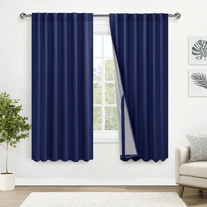 XWZO 100% Blackout Curtains 72 Inches Length - Heat and Light Blocking Rod Pocket & Back Tab Window Drapes with Black Liner Backing for Bedroom Sewn with Tiebacks, Navy Blue, W52 x L72, Set of 2