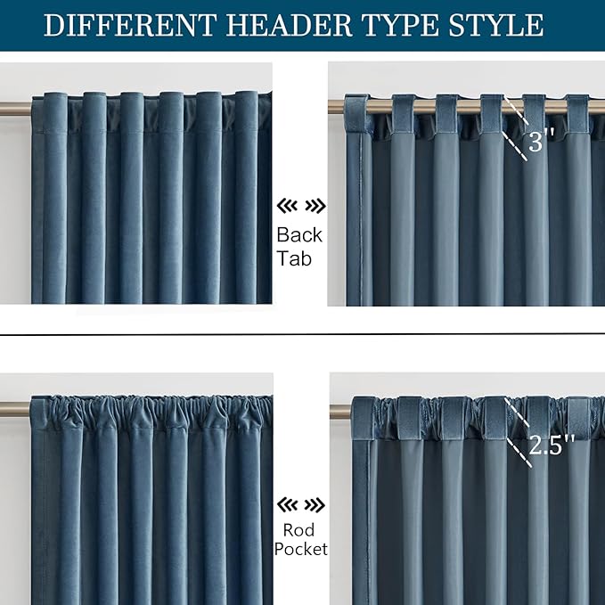 PRIMROSE Velvet Curtains 96 inch Long for Living Room,Set of 2 Panels Stone Grayish Blue Blackout Rod Pocket Back Tab Window Treatment Room Darkening Heavy Decorative Curtains Drapes for Bedroom