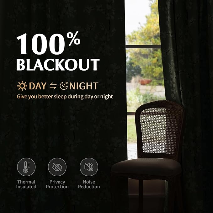 FMFUNCTEX 100% Blackout Floral Curtains for Bedroom, Sage Green Curtains 84 inches Long Blossom Patterned for Living Room, Thermal Insulated Farmhouse Drapes, Grommet Top 2 Panels (White on Green)