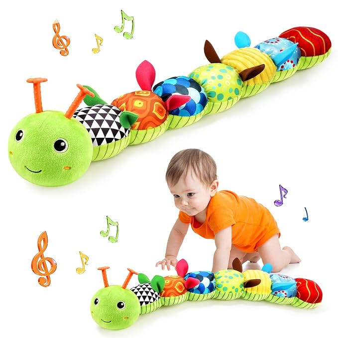 Baby Toys Musical Caterpillar, Infant Stuffed Animal for 0-6 6-12 Months with Crinkle and Rattles, Tummy Time Sensory Toys Newborn Boys Girls Gifts 0 3 6 9 12 Months - Green