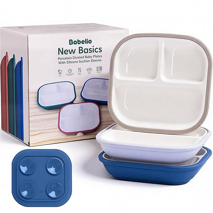 BABELIO 8'' Toddler Porcelain Plates with Silicone Suction Sleeves, Lead & BPA Free, Divided, Microwave & Dishwasher Safe, Stay Put, Suitable for Kids/Babies, 3 Pack