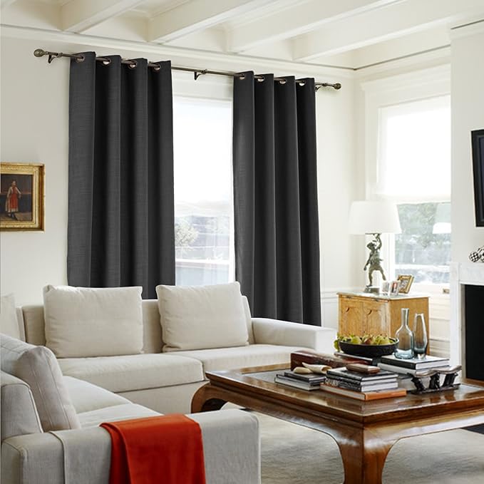 ChadMade 120W x 96L Inch Black Linen Polyester Curtain Drapes with Blackout Lining, Room Darkening Antique Bronze Grommet Curtain for Sliding Glass Door Patio Door Living Room (1 Panel)