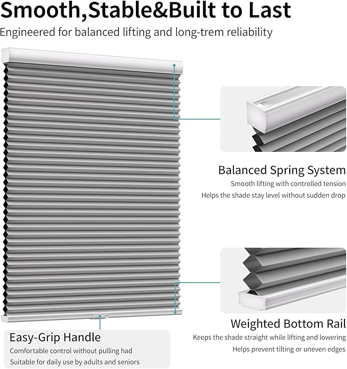 MYshade Cordless Blackout Cellular Shades for Windows, Honeycomb Window Shades with Thermal Insulation, Child & Pet Safe Room Darkening Shade, Easy Install,25" W x 64" H, Grey