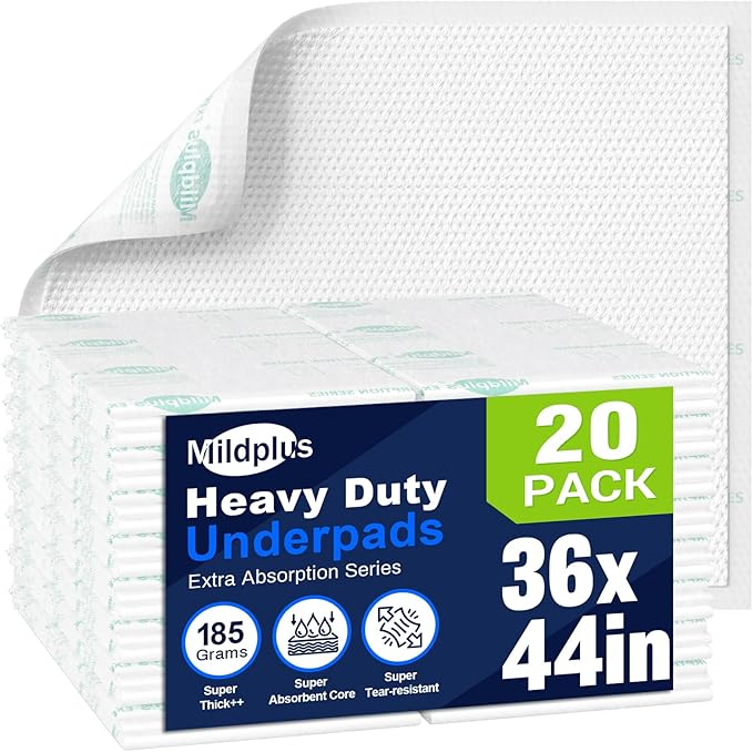 MILDPLUS Heavy Duty Underpads 36x44 Super Sized Chucks Pads 185 Grams Disposable Bed Pads with Strength Cloth Backing Extra Absorption for Incontinence (20 Count, Discreet Packaging)