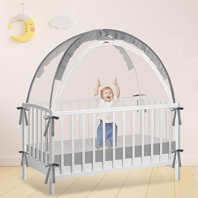 Crib Tent - Crib Net to Keep Baby in, Stop Baby from Climbing Out of Crib, Pop Up Crib Tent with Durable Breathable Net Double Zipper Strong Rods Installation Convenience