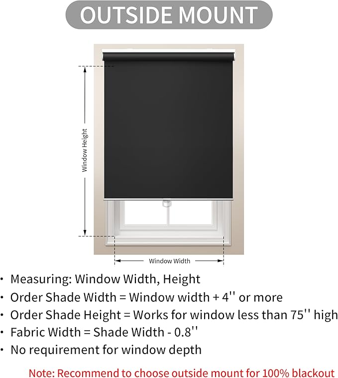 GENIMO 100% Blackout Roller Window Shades, Window Blinds Cordless with Thermal Insulated, UV Protection Fabric, Mini French Door Blinds for Home, Office, Bedroom, Easy to Install, Black, 47" W X 72" H