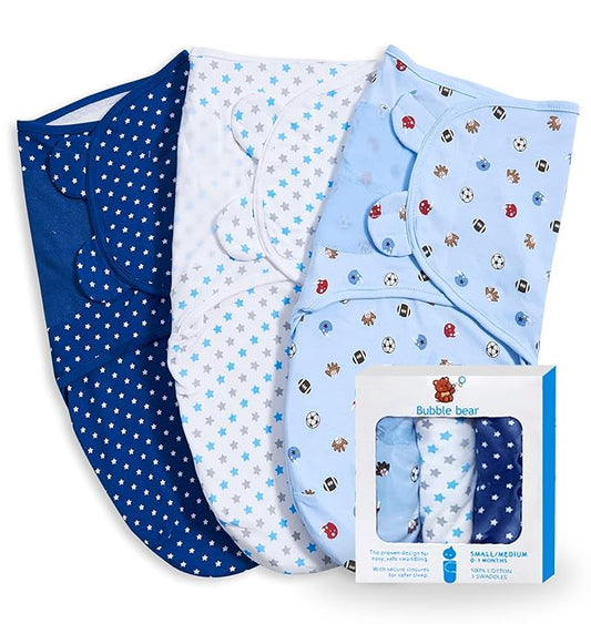 Bubble bear 3 Pack Baby Swaddle 3-6 Months - Infant Adjustable Newborn Swaddles Blanket Baby Girl Boy, Swaddling Wrap Blanket Sleep Sack for Newborn-Blue