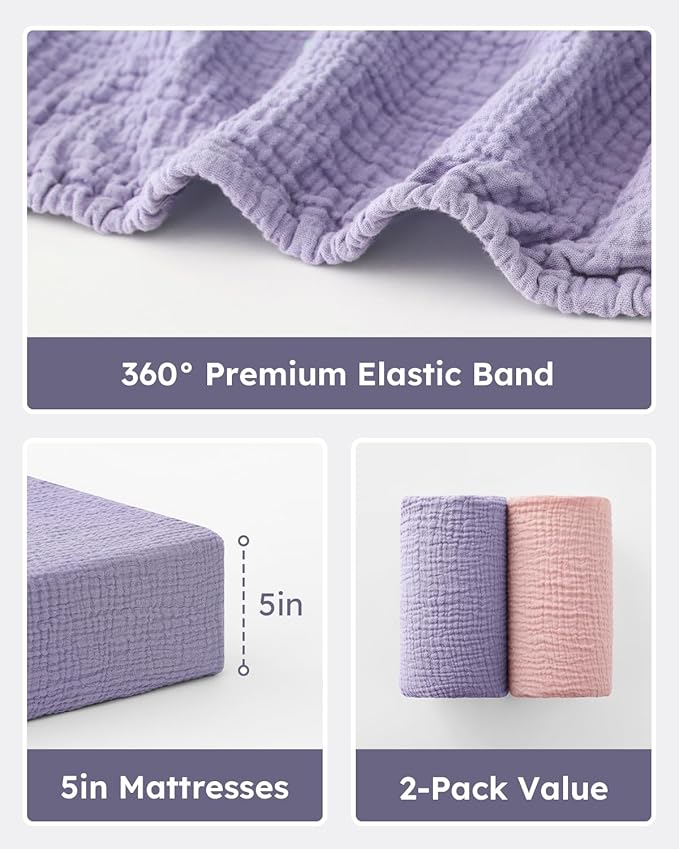 Muslin Pack and Play Sheets Fitted, 100% Cotton Mini Crib Sheets 2 Pack for Pack N Play Mattress, Stretchy Playard Sheet, Soft and Breathable Pink & Purple