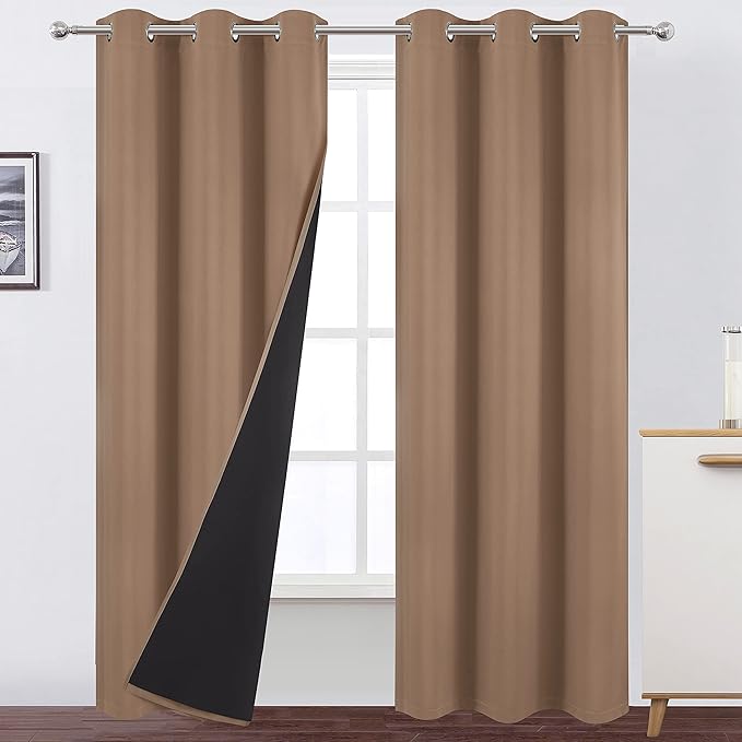 LEMOMO 100% Blackout Curtains 40 x 84 Inch/Cappuccino Curtains 2 Panels with Black Lining Room Darkening Thermal Insulated Bedroom Curtains