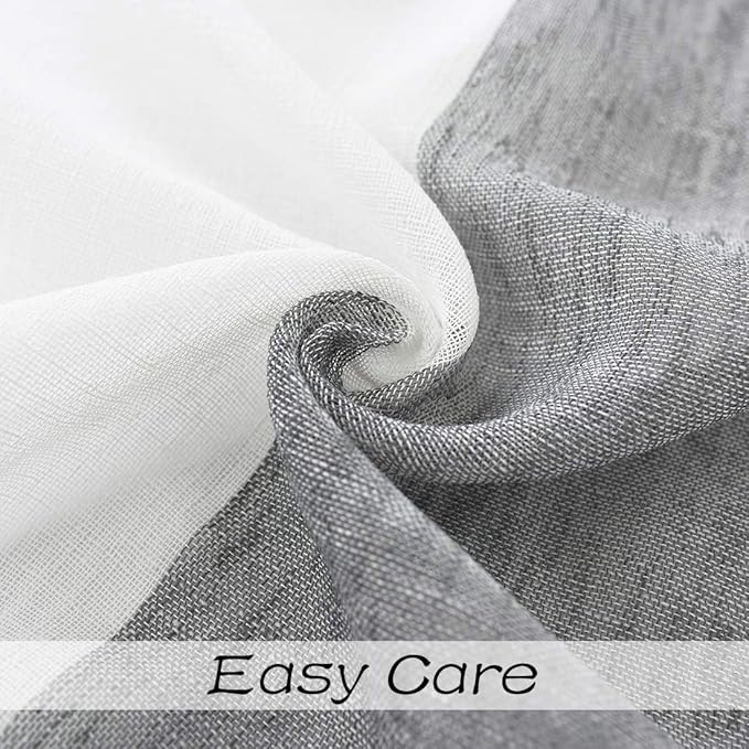 Central Park Gray Tan Stripe Sheer Color Block Window Curtain Panel Linen Window Treatment for Bedroom Living Room Farmhouse 108 inches Long with Grommets, 2 Panel Rustic Drapes