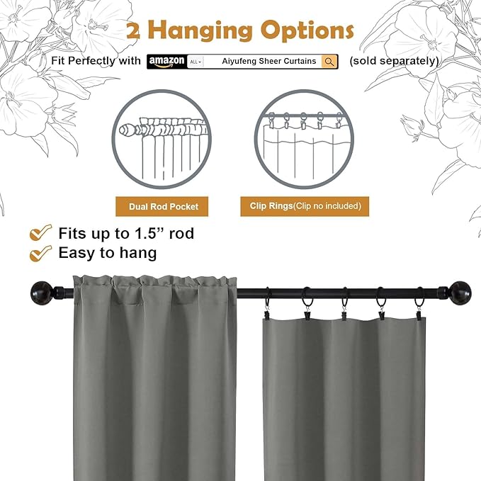 Aiyufeng Light Grey Short Blackout Curtains for Bedroom 54 Inches Long 2 Panels Set, Solid Thermal Insulated, Energy Saving Window Treatment Curtains Blackout Drapes, W40 x L54 Inch, Light Grey