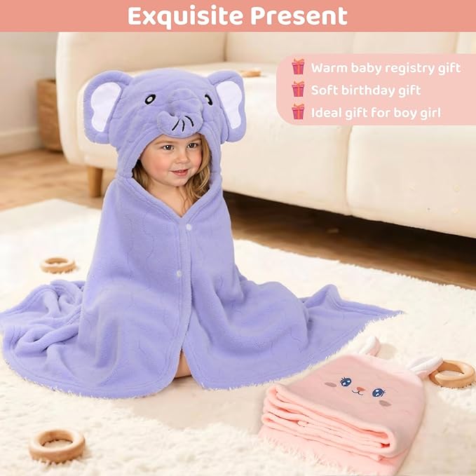 6 PCS Toddler Bath Towel Set for Boy Girl 0-5 Year, 2 PCS Thick Absorbent Hooded Baby Bath Towels Large 55" x 27.5" & 4 PCS Washcloths, Ultra Soft Gift for Infant, Toddler, Kids, Rabbit & Elephant