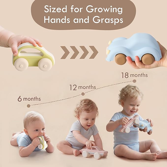 Moonkie Food Grade Silicone Toy Cars for Babies & Toddlers, Push and Go Baby Car Toys 6–12 Months, Baby Teething Toys 4–6 Months, One-Piece Design Infant Toys, Birthday Gifts for Boys & Girls, 3 Pack