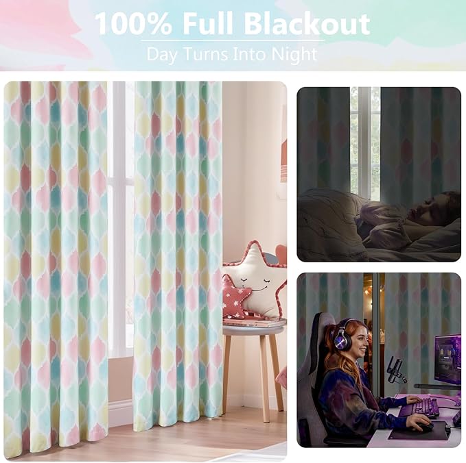 Pink 100% Blackout Curtains for Baby Girls Nursery Bedroom 84 Inches Long Moroccan Geometric Print Drapes Room Darkening Thermal Insulated Grommet Top Window Treatments Sets, 52" W,2 Panels
