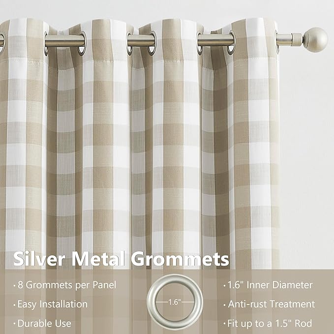 Amzdecor Buffalo Check Plaid Full Blackout Window Curtains 84 Inches Long for Bedroom Noise Reducing Total Room Darkening Grommet Drapes,Vintage Farmhouse Window Treatment,2 Panels,52"x84",Beige/White
