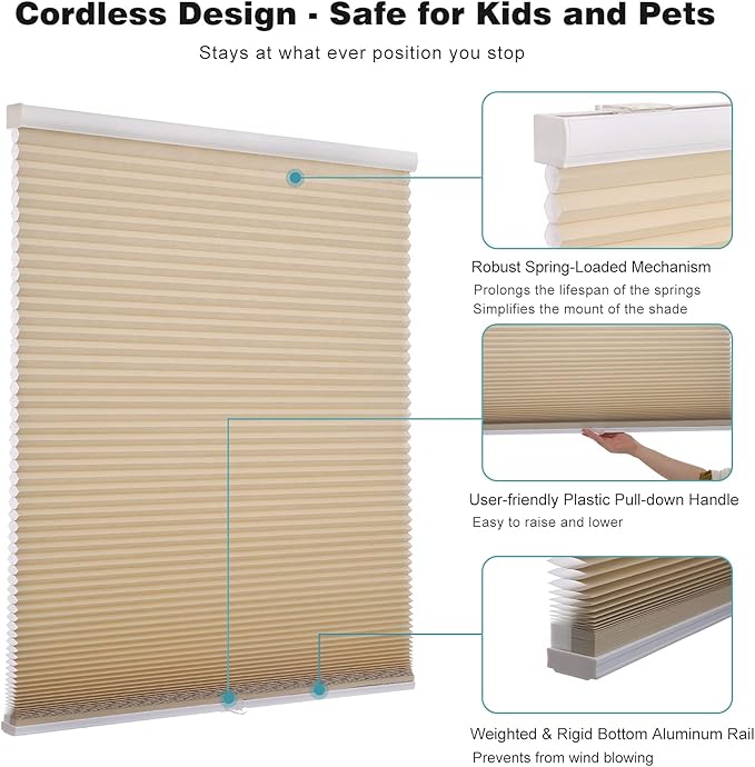 Changshade Cordless & Light Filtering Cellular Shade, Tools-Free Pleated Polyester Honeycomb Shade, Light Blocking Window Shade and Blind, 20 inches Wide, Beige CEL20BG50B