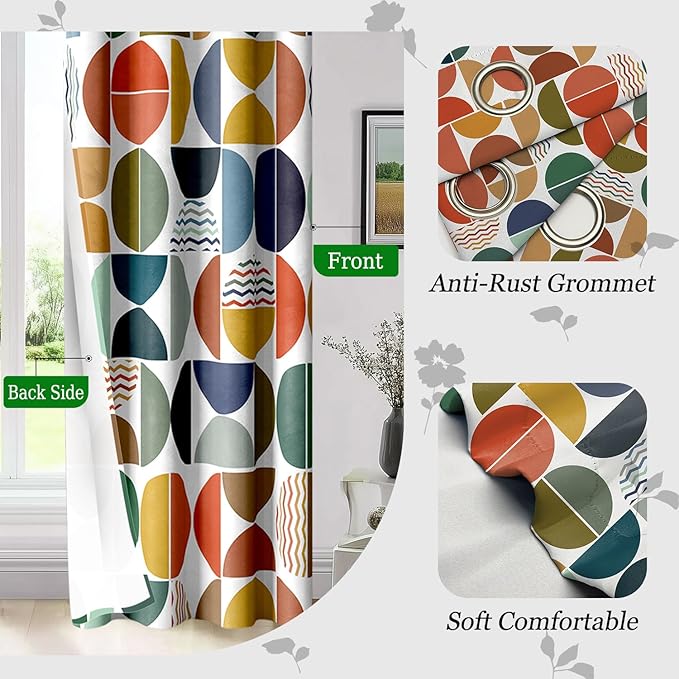Mid Century Modern Abstract Blackout Curtains, Boho Colorful Geometric Circle Pattern Window Drapes，Living Room Bedroom Decor 2 Panels 52x84 Inch