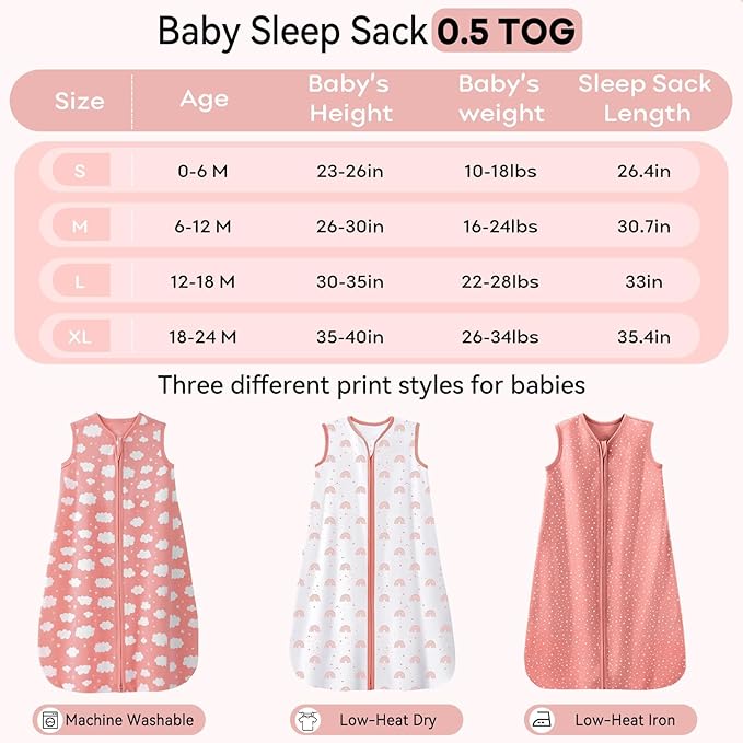 Unnivoll Baby Sleep Sack 6-12 Months 3 Pack 100% Cotton Lightweight 0.5 TOG Wearable Blanket Baby Sleep Bag with 2-Way Zipper for Newborn Infant Toddler Pink