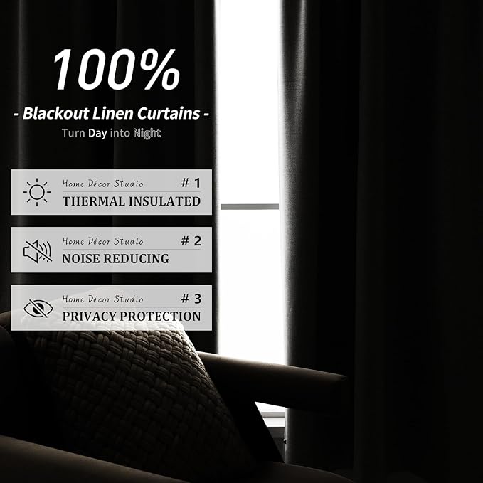 Linen 100% Blackout Curtains 108 Inches Long, Rod Pocket Extra Long Thermal Insulated 2 Panels Window Curtains, Back Tab Thermal Insulated Black Out Girls Room Darkening Drapes 9 FT