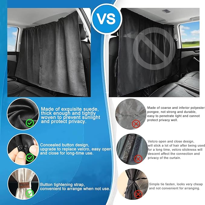 Car Divider Privacy Curtain, Blackout Suede Sun Shade Cover Front & Rear Seat Partition Space Divider Auto Van Truck Interior Accessories for Family Travel Camping Baby Sleeping (Beige, Large)