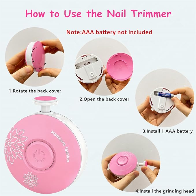 Baby Nail Trimmer Electric, Safe + Easy Baby Nail File, Baby Nail Clippers Nail Trimmer Kit for Newborn Infant Toddler, 6 Grinding Heads, Battery Operated (Battery Not Included) Pink