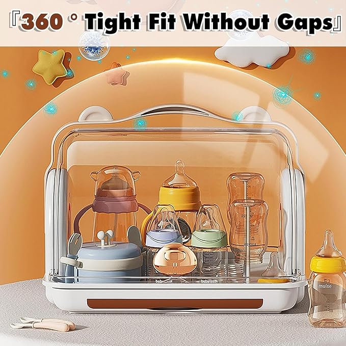 Nollapo Baby Bottle Drying Rack Storage with 3 Brush, Nursing Bottle Storage Box Organizer with Cover, Portable Kitchen Cabinet Organizer, Durable countertop Dryer (Orange)