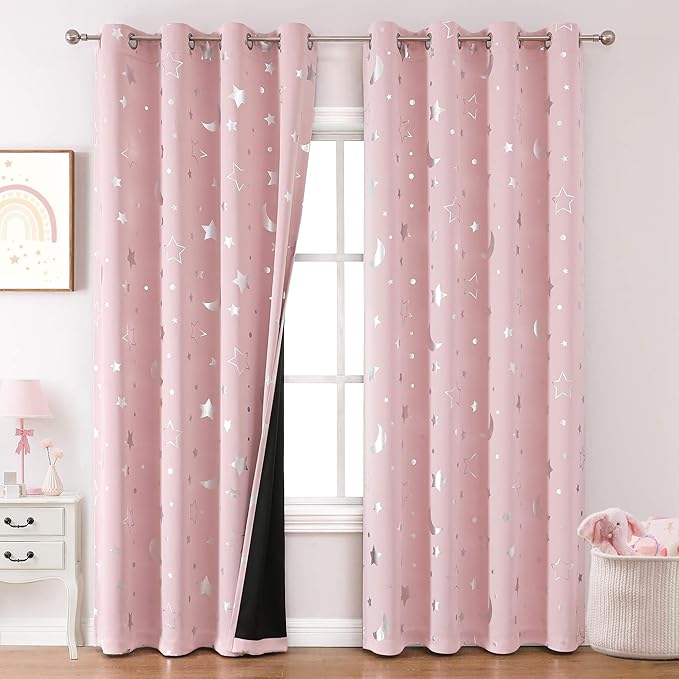 WUBODTI Pink Blackout Curtains Star Curtains for Girls Bedroom Kids Room Nursery 96 Inch Length, Cute Silver Star and Moon Patterned Space Theme Thermal Insulated Soundproof Curtain Drapes 2 Panels