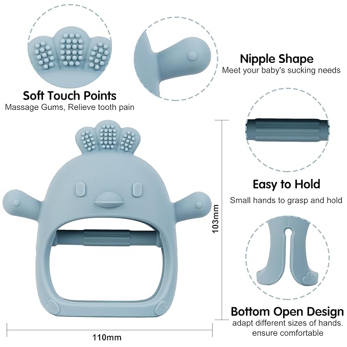 Baby Teether Toy for Infants 3–24 Months, Silicone Biting Toy with Handle, Textured Surface for Gum Soothing, Easy to Hold and Clean, Travel-Friendly Design (Chicken Dusty Blue)