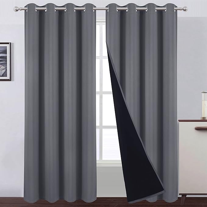 LEMOMO 100% Blackout Curtains 52 x 95 Inch/Grey Curtains 2 Panels with Black Lining Room Darkening Thermal Insulated Bedroom Curtains