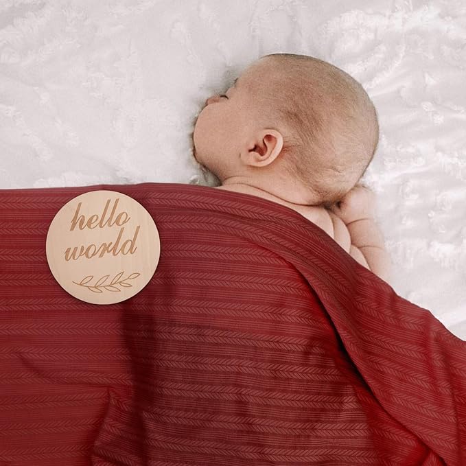 DRESHOW BQUBO Baby Swaddle Blankets for Girls, 4PCS Newborn Accessories Set with Matching Hat and Bow Headband with Hello World Wooden Birth Announcement Card