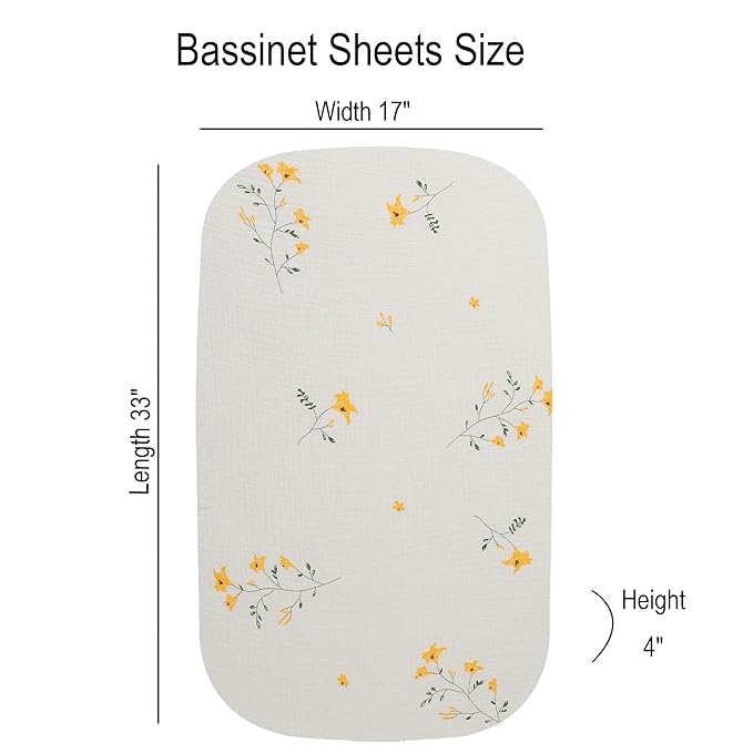 Onacosht Muslin Bassinet Sheets 3 Pack, 100% Cotton Baby Fitted Sheet 33" X 17" for Standard Rectangle Round Oval and Hourglass Bassinet Mattress, Leaf and Floral Beige