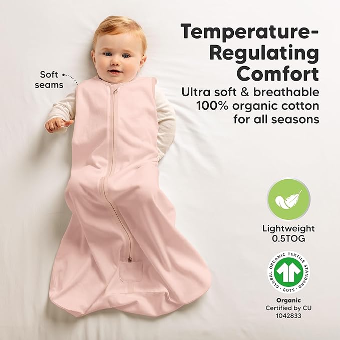 2-Pack Baby Sleep Sacks, Zipper Wearable Blanket - 0.5TOG Organic Cotton, Lightweight, Soft Cozy Infant Sleeping Sack 3-6 months, Easy to Wear Small Newborn Transition Swaddles Sleepsacks (Mist Rose)