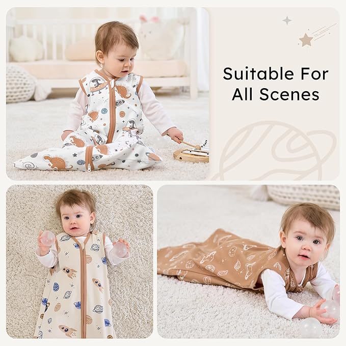 FIEMOL Baby Sleep Sack 12-18 months, 100% Cotton Sleeping Sack for Newborn and Infant, 3 Pack Baby Wearable Blanket for Boy and Girl, 0.5 Tog Lightweight Double Zipper Sleep Bag Coffee Dinosaur Planet